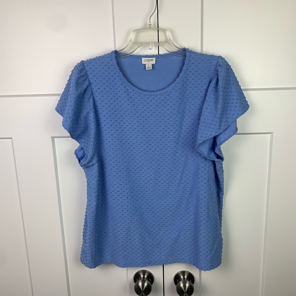 J Crew Factory LARGE Blouse Blue Swiss dot Flutter Sleeve Romantic Work Office - Picture 3 of 6